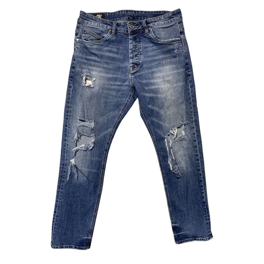CR7 Cristiano Ronaldo Mens Distressed Blue Denim Tapered Jeans 32x30 Button Fly